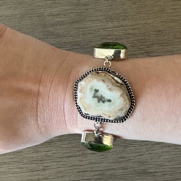 0343 Solar Quartz Druzy Peridot Bracelet Handmade Silver Gemstone Jewelry - Picture 6 of 9